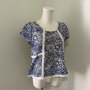 Anthropologie Meadow Rue Navy and White Short Sleeve Blouse Women’s Size Medium